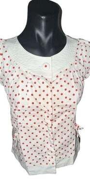 Veeko White and Red Polka Dot Short Sleeve Blouse with White Collar and Bow Deta